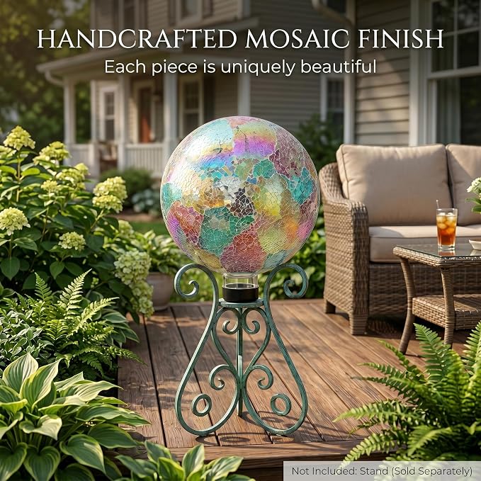 Topadorn 10" Iridescent Mosaic Glass Gazing Ball, Reflective Garden Globe Sphere for Outdoor Decor, Colorful Garden Ball for Patio, Yard & Flower Beds