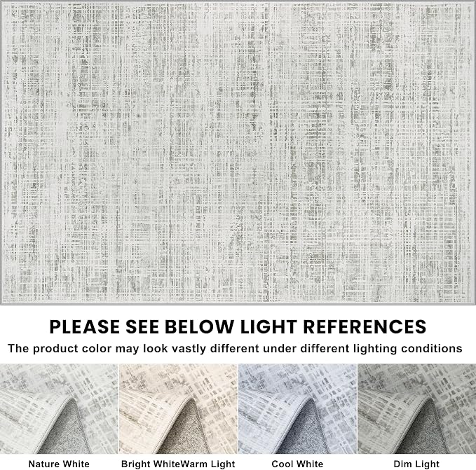 10x12 Washable Area Rug for Living Room Bedroom: Non-Slip Modern White Gray | Machine Washable TPR Backing, Stain-Resistant Low Pile, Pet & Kid Friendly, Abstract Decor for Dining Room, Dorm, Home Office