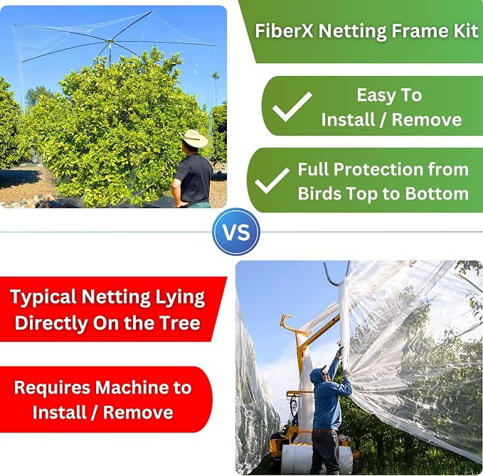 FiberX Large Fruit Tree Netting Frame Kit, 50x50 FT Bird Netting Nylon Garden Protection Cover, Lightweight Rust-Free Fiberglass Frame, Easy Installation.