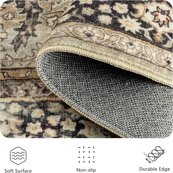8x10 Area Rugs for Living Room - Washable Vintage Retro Large Rug, Soft Ultra Thin Non Slip Low Pile Traditional Distressed Boho Carpet for Bedroom Dining Room Home Office, Charcoal Olive