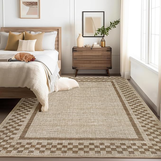 GarveeHome Modern Bordered 8x10 Washable Area Rugs for Living Room Bedroom | Soft Large Bedroom Throw Carpet Non Slip Checkered Geometric Rugs for Dining Room Home Decor Office, Taupe