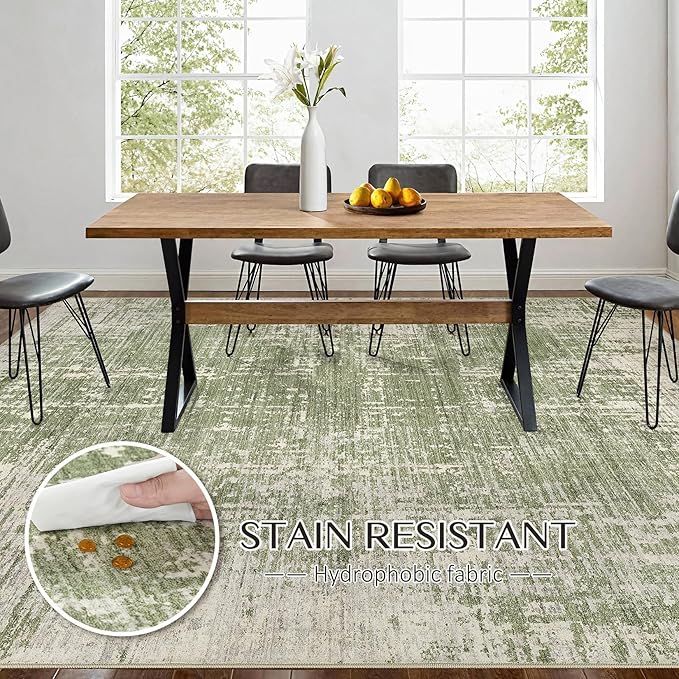 kakania Abstract 8x10 Area Rugs for Living Room: Washable Rugs Green | Soft, Non-Slip, Low-Pile, Pet & Kid Friendly - Large Modern Home Decor Carpet for Bedroom/Dining Room/Office/Nursery