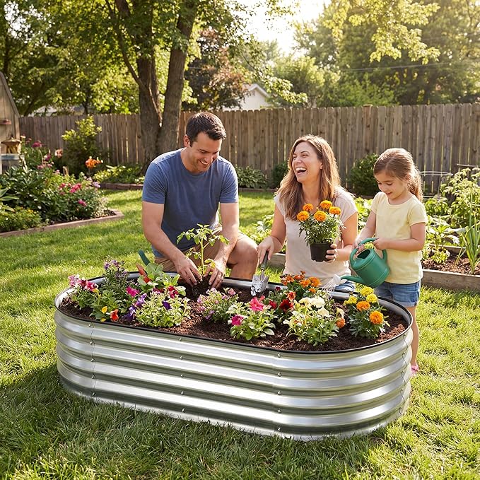 DUMOS Galvanized Raised Garden Bed, 4x2x1ft Outdoor Metal Planter Box, Heavy-Duty Planter Raised Bed for Vegetables Herbs Flowers, Oval Rustproof Flower Beds for Backyard Patio, Open Bottom