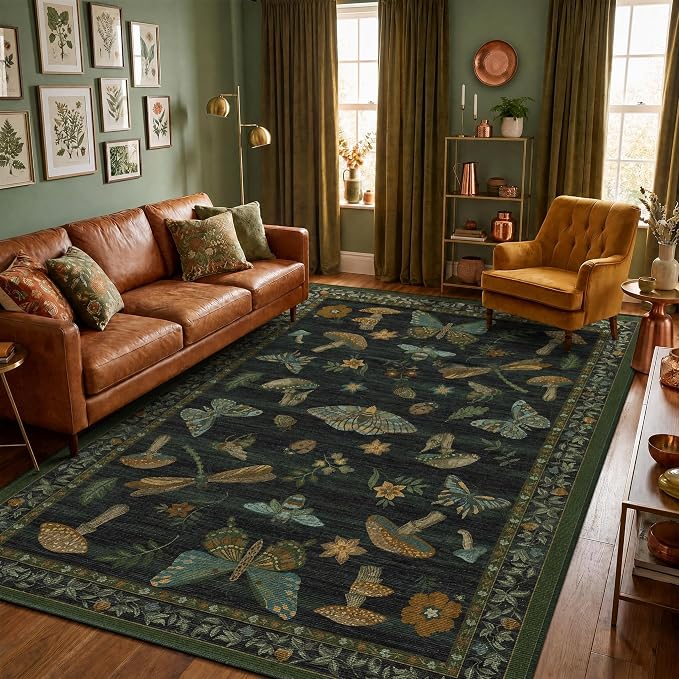 ROYHOME Mushroom Insect 8x10 Area Rugs for Living Room Bedroom Dark Green | Large Dinning Room Washable Bug Moth Cute Funky Cottage Core Whimsical Boy Carpet Low-Pile Non-Slip TPE Backing