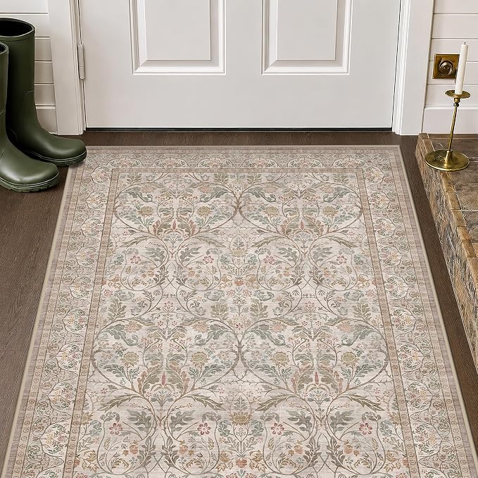 Moss Green Traditional 3x4 Kitchen Area Rug, Vintage Washable Rug for Front Door Entry Bathroom, Non-Slip Low Pile Throw Mat, Stain Resistant Distressed Entryway Welcome Mat for High Traffic