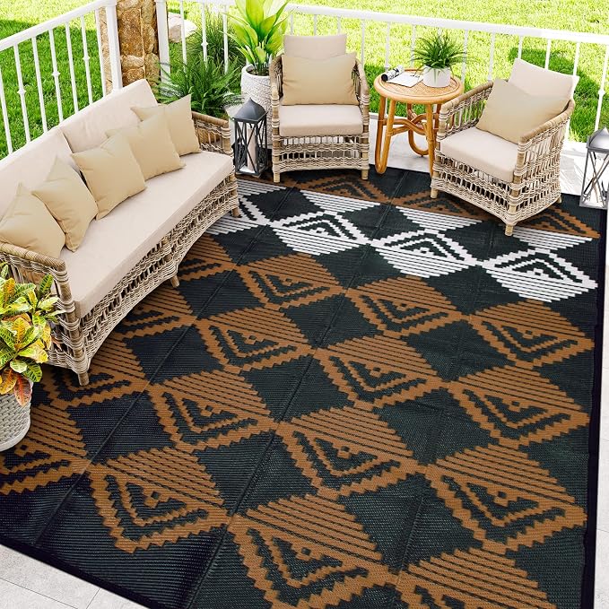 Beeiva Large Outdoor Rug 9x12 Waterproof for Patio, Reversible Plastic Straw Outdoor Rug for Backyard, Deck, Outdoor Furniture, Black Brown