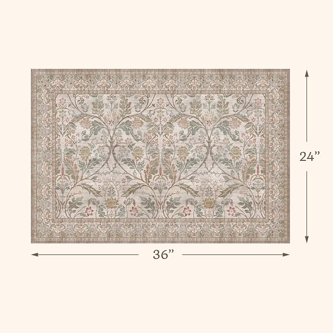 Moss Green Washable Entry Rugs 2x3, Indoor Door mat, Throw Small Rug for Entryway Bathroom Kitchen, Vintage Floral Low Pile Soft Stain Resistant Carpet