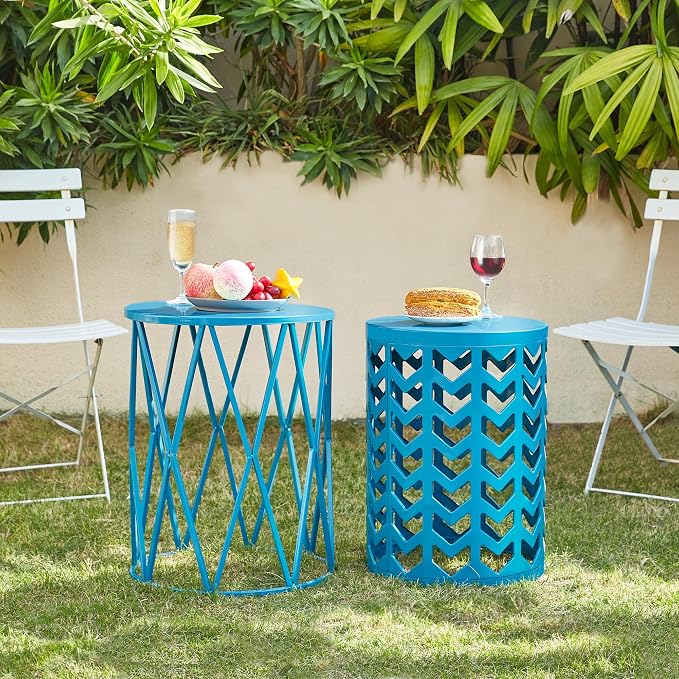 Y&M Outdoor Side Tables Set of 3, Round Metal Nesting End Coffee Tables, Indoor & Outdoor Accent Tables for Patio, Porch, Balcony, Garden, Sunroom, Living Room, Blue