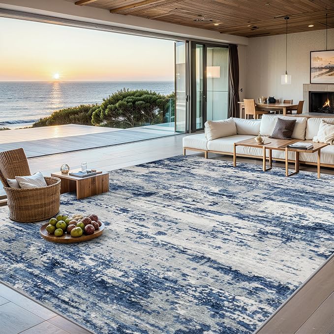 PLHXFR 10x14 Area Rug Living Room: Abstract Washable Carpet Blue Gray | For Bedroom Dining Room Farmhouse Nursery Home,Machine washable,Non Slip,Large Soft Neutral,Stain Resistant, Indoor Floor