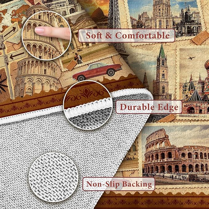 Vintage World Landmark Stamp Collage Area Rug, 5x7ft Retro European Travel City Print Washable TPE Backing Non-Slip Rug, Travel Themed Decor Floor Mat for Living Room Bedroom Office Home Decor