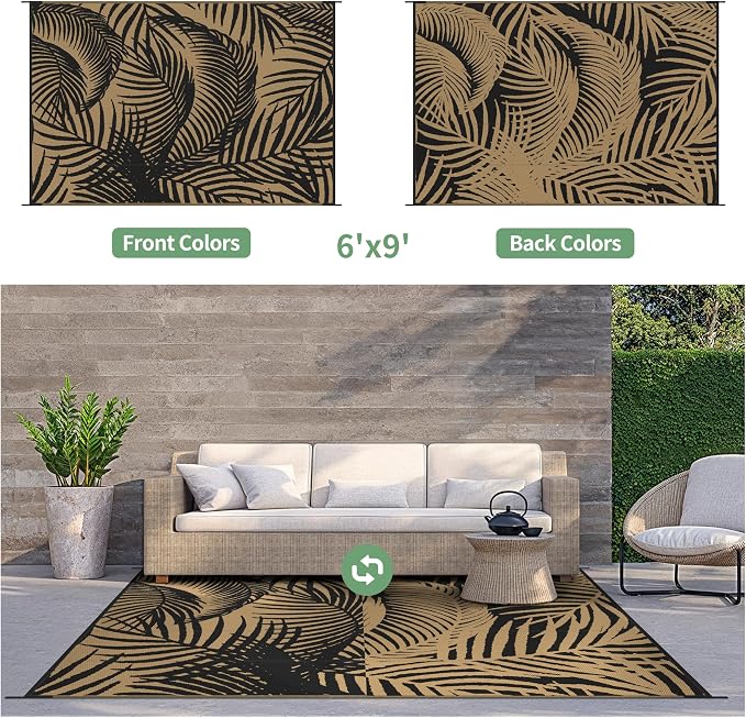 GENIMO Outdoor Rug 6' x 9' Waterproof for Patio Clearance, Reversible Plastic Straw Camping Carpet, Lightweight Mats for Rv, Backyard, Deck, Porch, Picnic, Beach, Balcony,Pitch Black & Brown