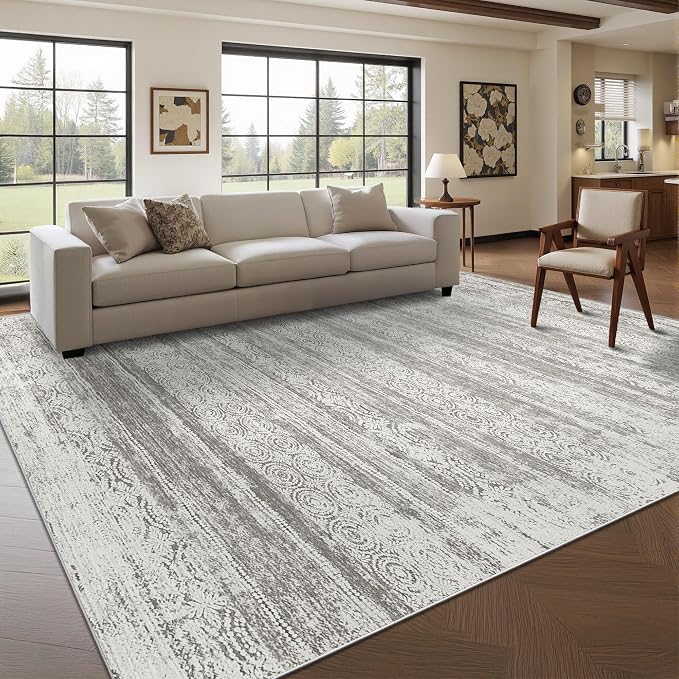 Miukiki 9x12 Area Rug for Living Room, Washable Non Slip Moroccan Rug Grey | Large Soft Rug for Kitchen Bedroom Dining Room Office, Low Pile Indoor Floor Carpet Home Decor 9'x12'