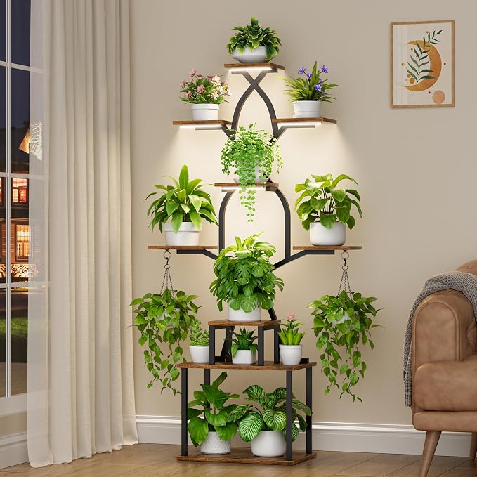 EVAWOO Plant Stand Indoor with Grow Lights - 7 Tier Indoor Plant Shelf, 64" Tall Plant Stands for Indoor Plants, Corner Metal Plant Stand, Plant Holder for Living Room, Porch, Black