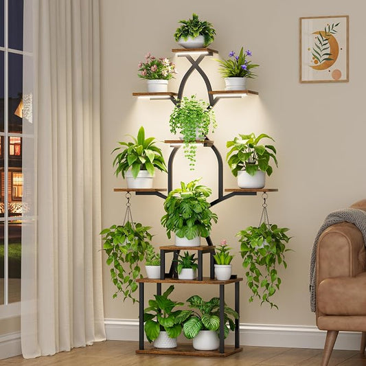 EVAWOO Plant Stand Indoor with Grow Lights - 7 Tier Indoor Plant Shelf, 64" Tall Plant Stands for Indoor Plants, Corner Metal Plant Stand, Plant Holder for Living Room, Porch, Black