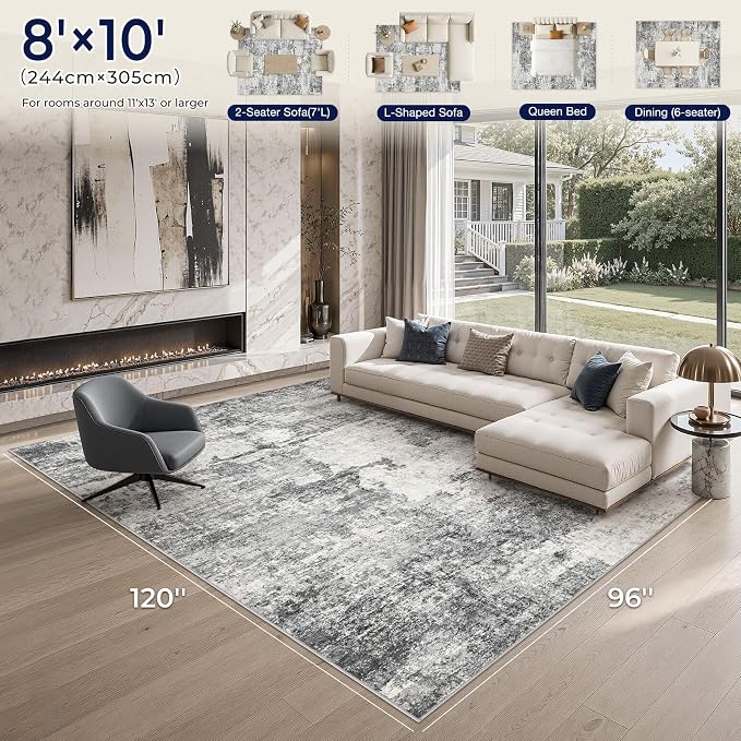 DMOYEST 8x10 Area Rug for Living Room Washable Abstract Indoor Carpet | Neutral Modern Low Pile Rugs Kid & Pet Friendly Large Soft Thin Carpet for Bedroom Dining Room - Grey