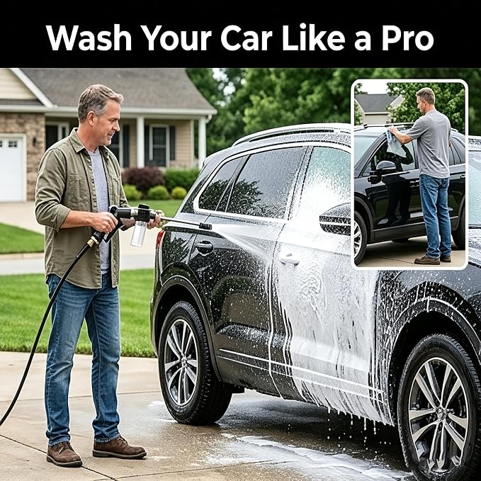 High Pressure Water Washer Jet with Foam Bottle, 360° Rotating Garden Hose Nozzle Sprayer, 3/4 in Connector, Adjustable Spray Wand with 4 Sealing Rings for Car, Yard, Patio, Pet Cleaning
