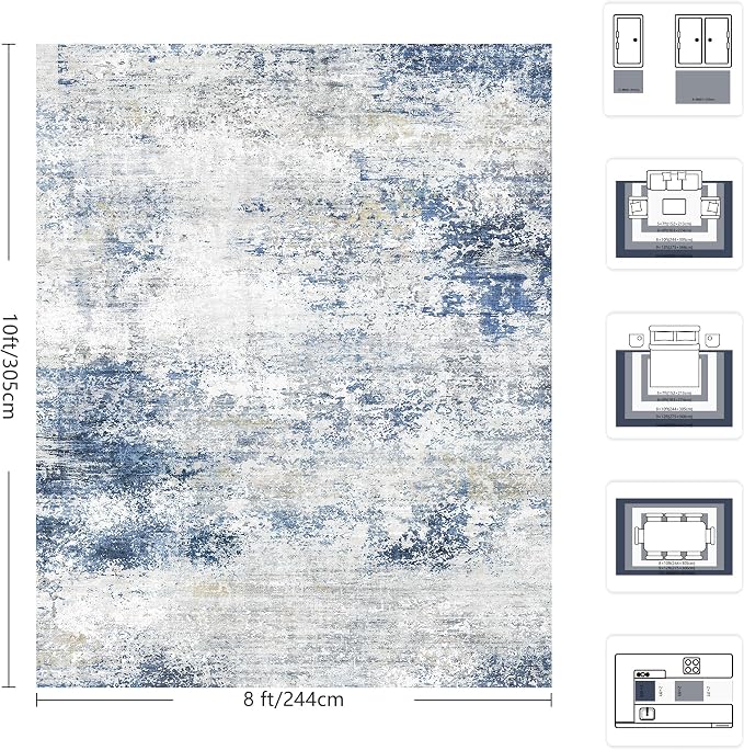8x10 Area Rugs, Abstract Modern Ultra Soft Washable Rug, Non Slip Carpet with Rubber Back Stain Resistance Rugs for Living Room, Bedroom, Dining Room Decor(Blue & White)