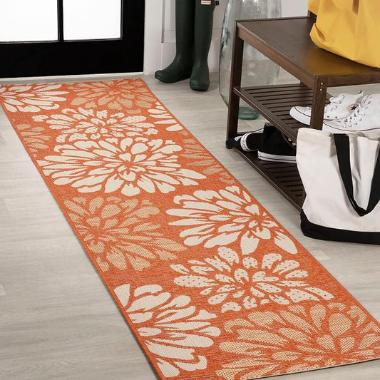 JONATHAN Y Floral Textured Weave Indoor Outdoor Runner Rug 2X10 Orange/Cream, Zinnia Modern for Backyard, Patio, Porch, Easy-Cleaning, High Traffic, Pet-Friendly, Non-Shedding (SMB110E-210)