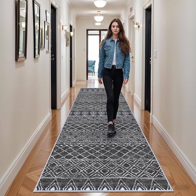 4x12 Extra Long Hallway Rug:Black Moroccan Modern Geometric Runner Rug | Washable Non Slip Low Pile Soft Indoor Mat, Pet Friendly, Suitable for Kitchen, Bedroom, Entryway and Laundry Room