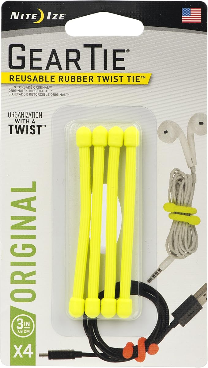 Nite Ize GT3-4PK-33 Original Gear Tie, Reusable Rubber Twist Tie, 3-Inch, Neon Yellow, 20 Pack, Made in the USA
