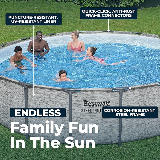 Bestway Steel Pro MAX 18' x 48" Above Ground Swimming Pool Set with Pump | Durable Round Metal Frame Outdoor Backyard Pool, Puncture-Resistant Liner - Ladder and Cover Included, Stacked Stone Print