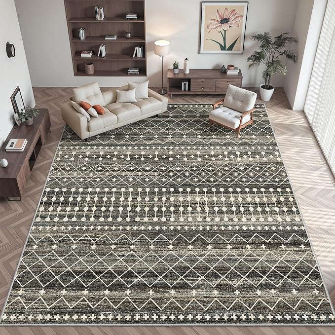 Miukiki 8x12 Area Rug for Living Room, Washable Non Slip Moroccan Rug Black | Large Soft Rug for Kitchen Bedroom Dining Room Office, Low Pile Indoor Floor Carpet Home Decor 8'x12'