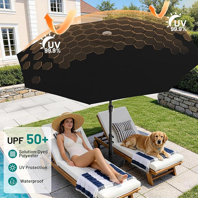 AreShark 9 FT Patio Umbrella for Outdoor, Outdoor Table Umbrella with Push Button Tilt and Crank, Outdoor Patio Umbrellas with 8 Sturdy Ribs for Market, Garden, Pool (Black)