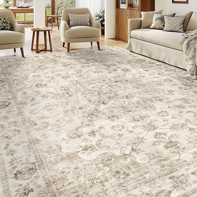 12x15 Beige Neutral Area Rug | Washable, Non Slip, Soft Low Pile, Vintage Farmhouse, Extra Large, for Living Room Bedroom Dining Room Office Home Decor