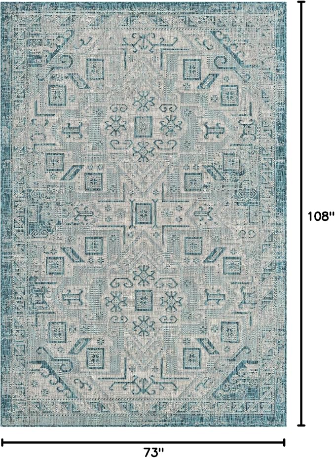 Unique Loom Outdoor Aztec Collection Area Rug - Coba (6' 1" x 9' Rectangle, Teal/ Ivory)