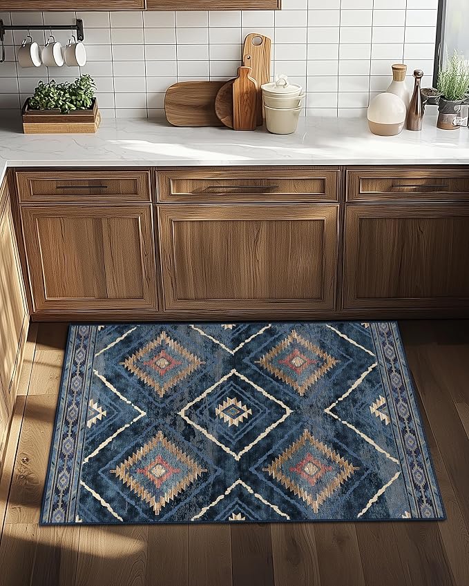 Area Rug 2x3 Rug Machine Washable Non-Slip Low Pile Print Pattern Western Rug for Living Room Bedroom Entryway Tribal Series -Darkblue | Soft Western No Slip Low Pile Print Foldable Indoor Small Rug for Kitchen entrance entryway doormat