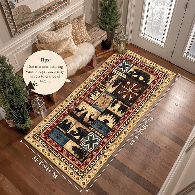 LOKHOM 3x6 Hallway Runner Rug, Non Slip Washable Western Cabin Bear Rugs | Bear Pattern, Low Pile Soft Kitchen Rug, Vintage Wildlife Accent Carpet Runner, For Laundry Bedroom Entryway Nursery