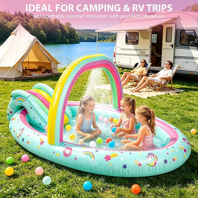 SULIFEEL Rainbow Unicorn Inflatable Play Center Kiddie Pool with Slide and Sprinkler for Children, 96''x59''x39'' Baby Pool for Backyard and Garden
