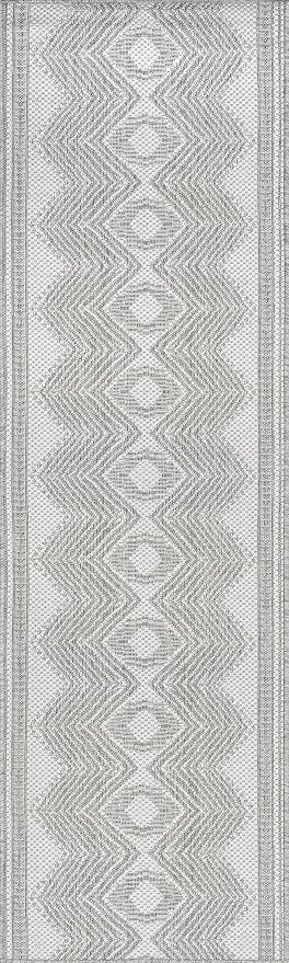 Nuloom Ranya Light Grey/Ivory, 2' x 8', Tribal Geometric, Soft and Cozy, High Traffic, Stain Resistant, Easy Clean, Durable Area Rug for Indoor/Outdoor Patio, Deck, Porch, Garden, Courtyard
