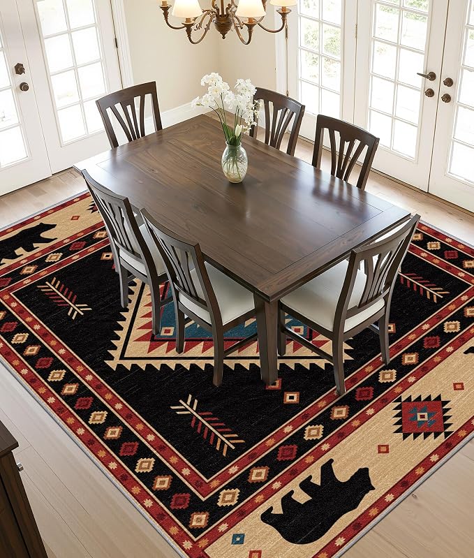 Southwest Rug 7x9 - Native American Bear Cabin Area Rugs for Living Room Bedroom, Rustic Navajo Machine Washable | Non-Slip | Soft Large Carpets, Western Home Decor (Red Tan Black)