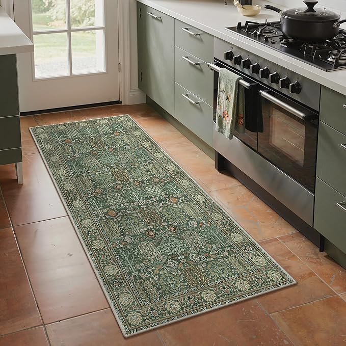 2.5x6 Kitchen Runner Rug, Washable Non Slip, Forest Green | Vintage Floral Design, Spill Resistant Lightweight Low Pile Carpet for Hallway, Bedroom, Laundry Room, Bathroom