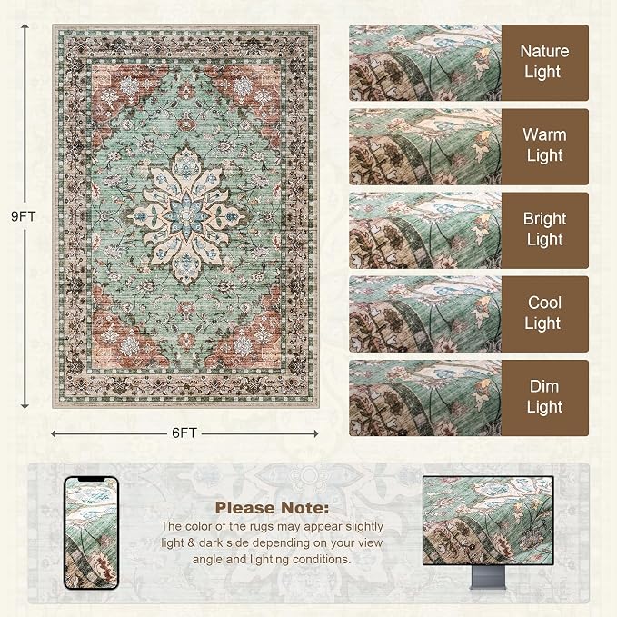 6x9 Area Rugs Living Room: Washable Rug for Bedroom Brown Green | Boho No Slip Stain Resistant Rug Soft Indoor Decor Floor Floral 6x9 Area Rugs for Dining Room, Nursery, Hallway, Home Office