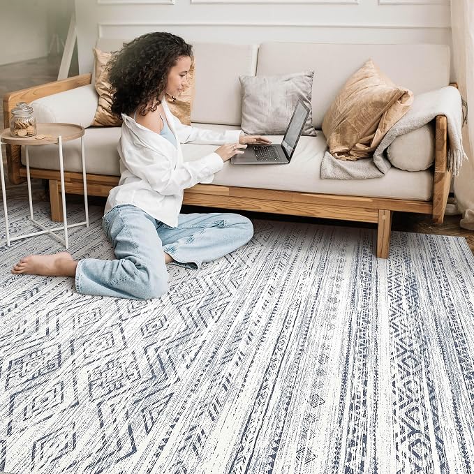 Tortania Area Rug Living Room Rugs- 12x15 Washable Large Soft Neutral Boho Moroccan Bohemian Farmhouse Rug Indoor Floor Carpet for Bedroom Under Dining Table Home Office Decor - Dark Blue