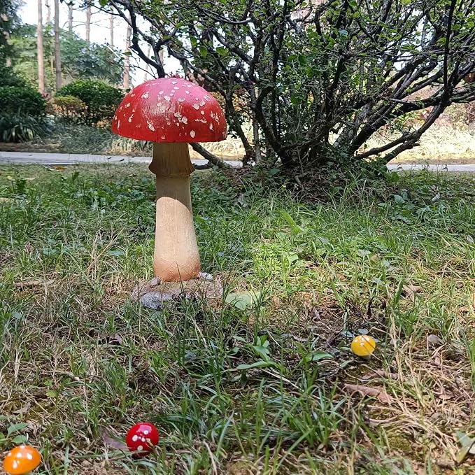 Mushroom Decor Outdoor Garden Statue - Garden Gnome's Favorite Garden Decoration Patio Decor (11.8", Red)