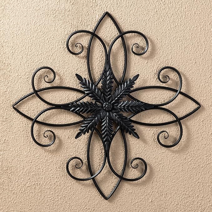 Glitzhome Black Metal Wall Art Decor, 20 Inch Iron Wall Decor with Clematis Scroll Pattern, Indoor Outdoor Wall Accent for Garden Porch Patio