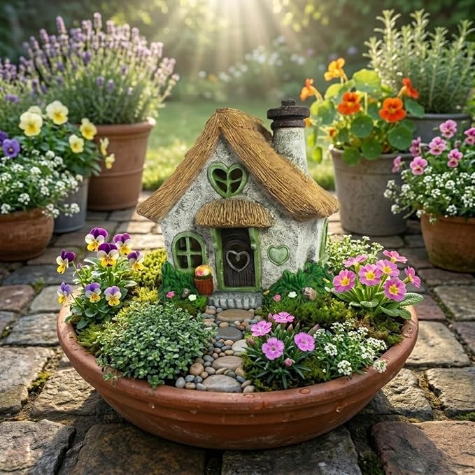 PRETMANNS Fairy House for Outside with Solar Powered LED Lights for Garden - Fairy Garden Houses for Outdoor - Miniature Accessories for Cottage Decor for Village - 7.56” High, Green