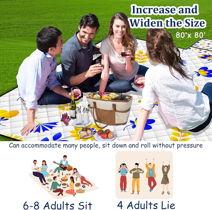 Poedist Extra Large Picnic Blanket Waterproof,80"x 80"Foldable Machine Washable Beach Blanket,Outdoor Blanket for 6-8 Adults,Suitable for Indoor Crawling,Park Beach,Camping,Hiking,Family Travel(Mini