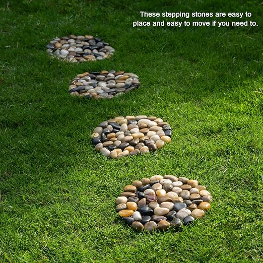 Natural River Rock Stepping Stones for Garden Walkway - Round Pebble Paver Mats with Mesh Backing - Decorative Outdoor Pathway Stones for Lawn, Backyard, Patio, and Landscaping (6 Pack, 9 Inch)