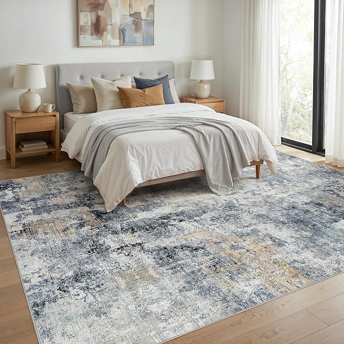 9x12 Area Rug Washable Abstract Rugs for Living Room Blue/Brown | for Bedroom, Dining Room, Office, Nursery, Soft Neutral, Low Pile Non-Slip, Kid Pet Friendly, Large Indoor Carpet, Home Decor