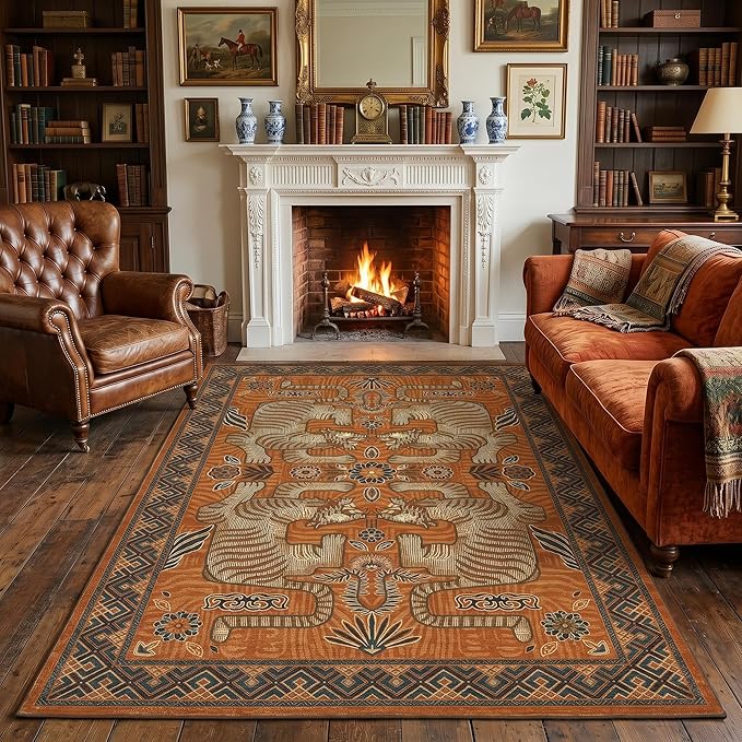 GarveeHome Tibetan Tiger 5x7 Area Rug Boho Washable Vintage Living Room | Non Slip Terracotta Rugs for Bedroom, Tribal Soft Animal Print Throw Rug Ultra Thin Stain Resistant Floor Carpet for Office