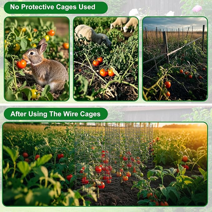 winemana 12 Set Garden Plant Protector Cage,36 Pcs 16x12 in Metal Wire Protectors for Plants Protection Cages with Stakes Ties Animals Barrier to Keep Rabbit Chicken Away from Flower Vegetables(Black)