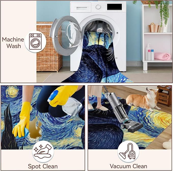 Cat Starry Night 5x7 Area Rug,Abstract Van Gogh Washable Carpet Non Slip Mat Low Pile Large Rugs for Living Room,Bedroom,Farmhouse,Dining Room,Kids Playroom,Kitchen Indoor