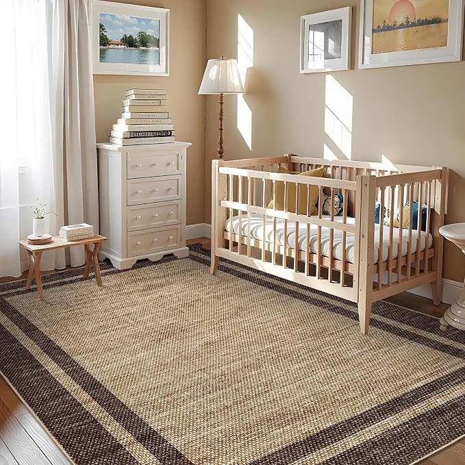 COZYLOOM Machine Washable Area Rugs 5x7 Bordered Rug for Kids Room, Brown | Non Slip Non Shedding Contemporary Stain Resistant Low Pile Foldable Thin Mats for Entryway Living Room Bedroom Office Dorm