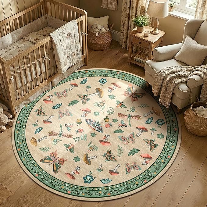 Mushroom Insect 3ft Round Rug Washable Non-Slip Soft Ultra-Thin Small Boho Circle Carpet for Entryway Kitchen Bedroom Nursery Dining Room Khaki Green