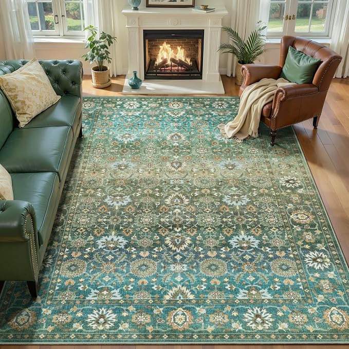 Ciicool Green Boho 4x6 Rug for Living Room Floral Indoor Non-Slip Carpet Soft Low Pile Bedroom Dining Room Washable Area Rugs Suitable for Playroom Laundry Office Home Decor