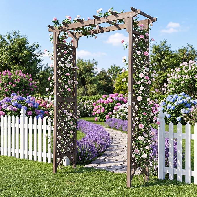 Giantex 85" Garden Arch Trellis, Wood Garden Arbor with Flat Top for Climbing Plants, Roses & Vines, Outdoor Wooden Wedding Arbor for Ceremony Backyard Lawn Patio Garden Entrance